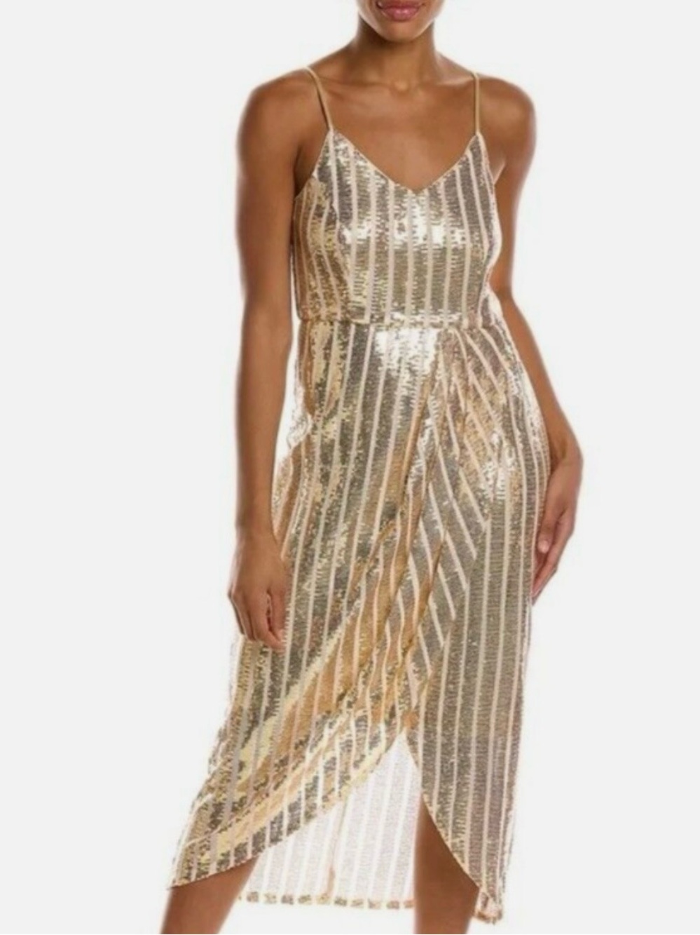 Nanette Lepore Gold Sequin Striped Midi Dress Size 12 Cocktail Party Wedding